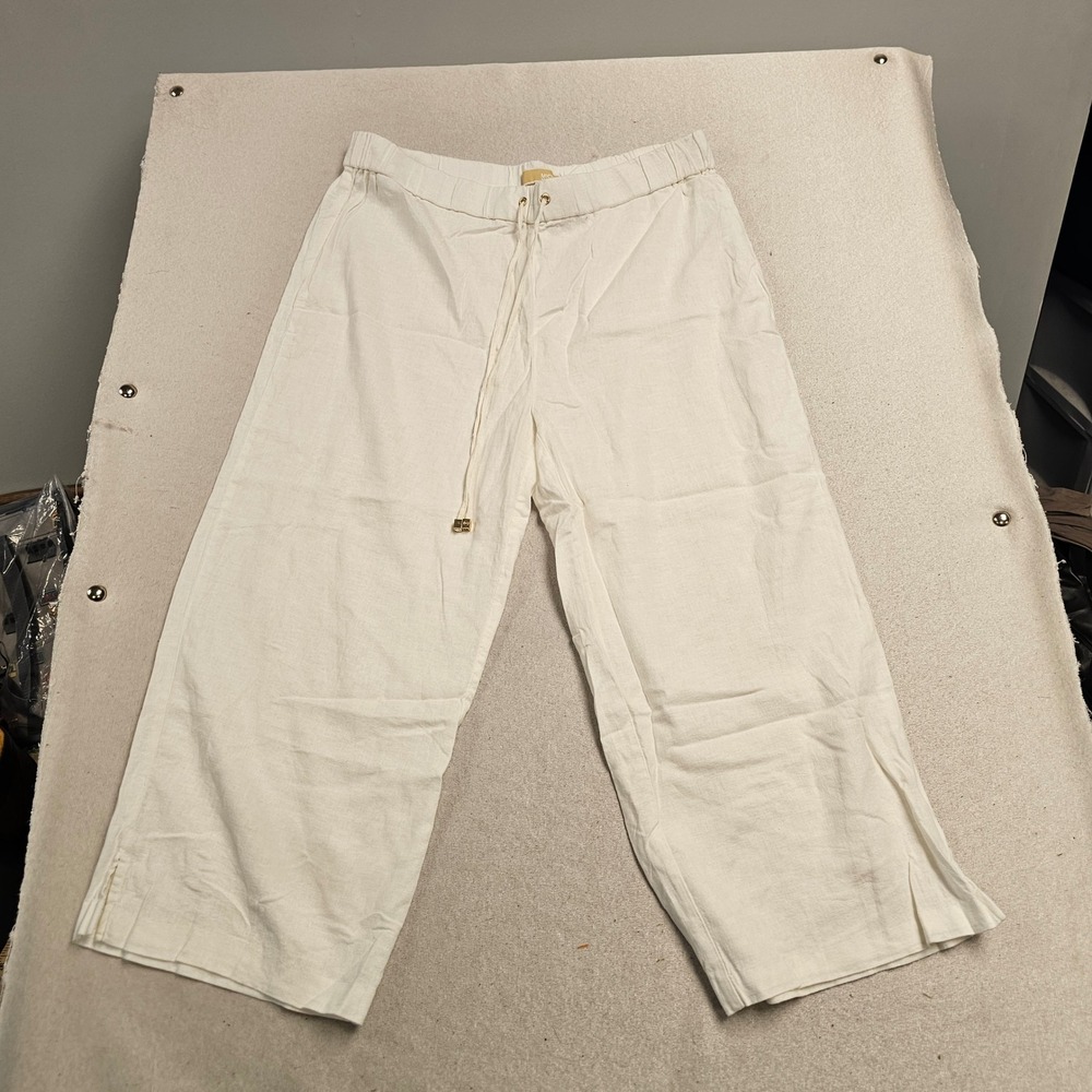 Michael Kors White Linen Blend Wide Leg Drawstring Pants Size L 6801